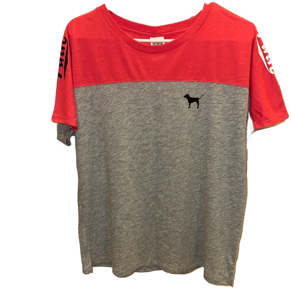 VS VICTORIAS SECRET PINK SHORT SLEEVE TEE TOP GREY CANDY CORAL COLORBLOCK DOG S